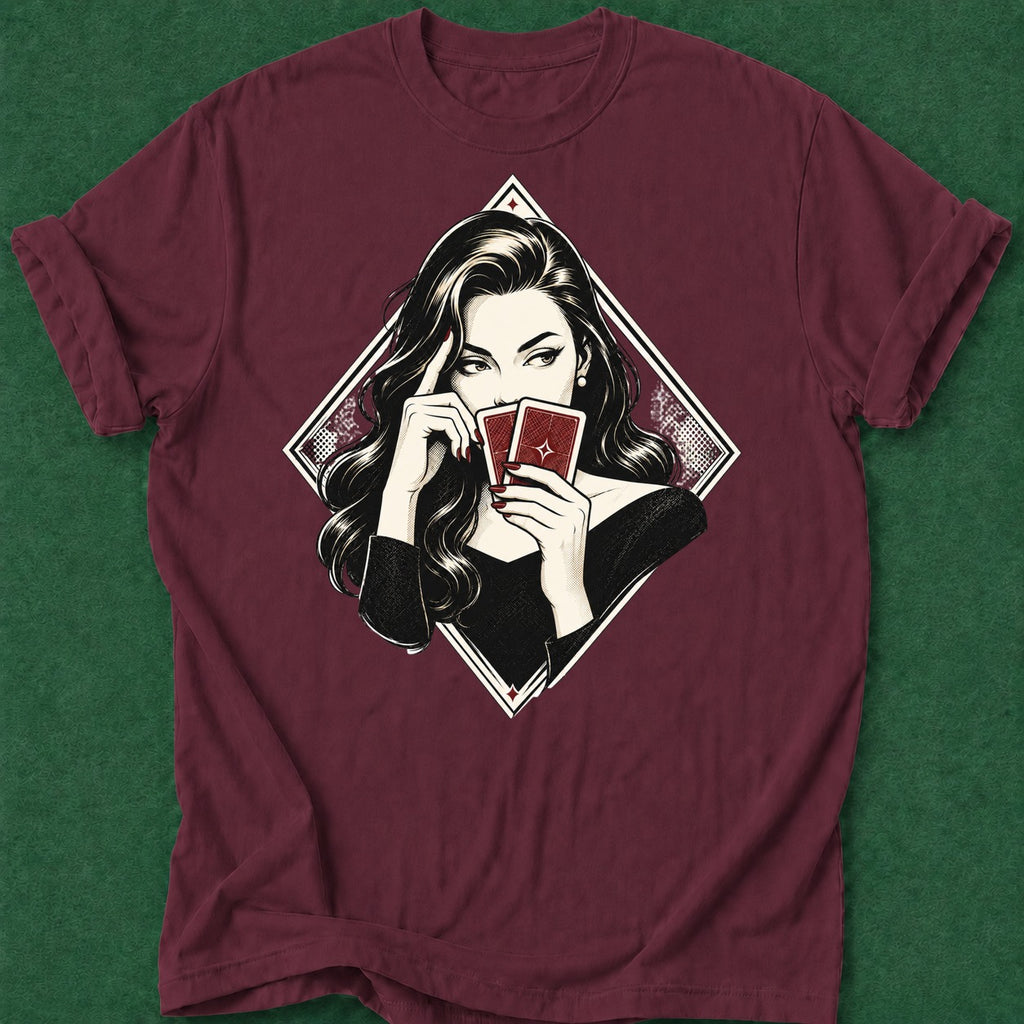 Dead Read She's Thinking T-Shirt poker t-shirt design, table talk, poker room, female poker player, dry humor tee apparel